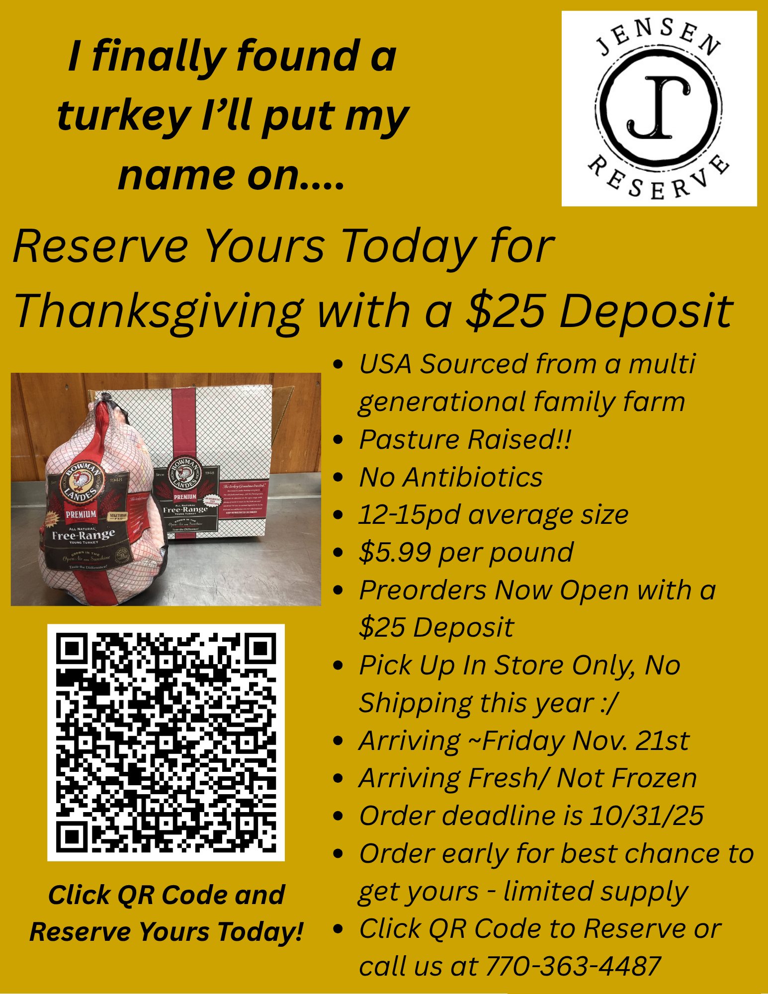 Thanksgiving Turkey Deposit - $25 to reserve yours today! 10/31/25 Deadline